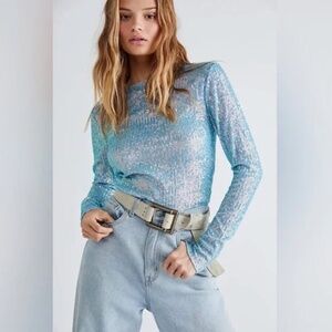 Free People Gold Rush Tee Blue Combo Sequins sz M